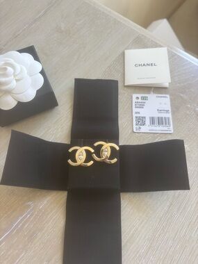 CHANEL Gold CC Logo Crystal Accent Earrings